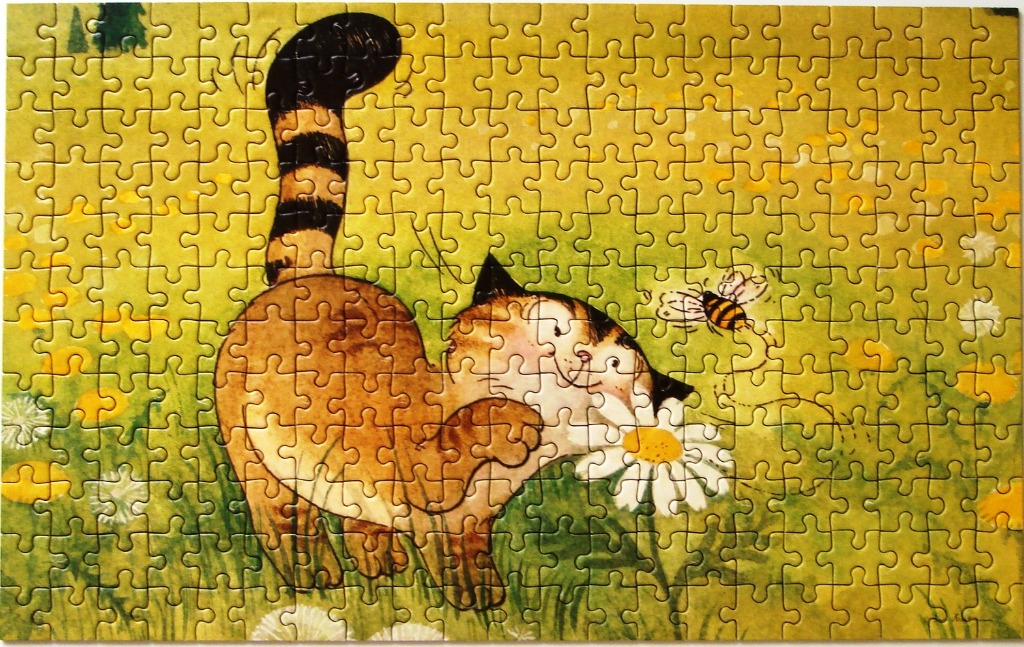 An illustration of a tabby cat playing with a daisy in a sunny yellow field with a bumblebee nearby.