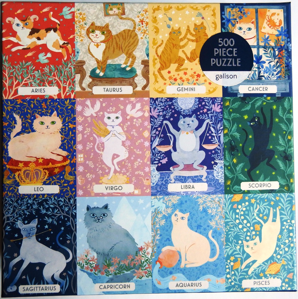 Twelve illustrated cat characters representing the zodiac signs in a grid layout.