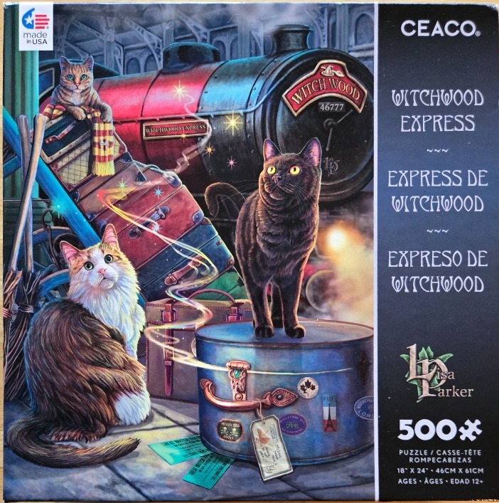 Three cats at a magical train station with luggage and a steam engine