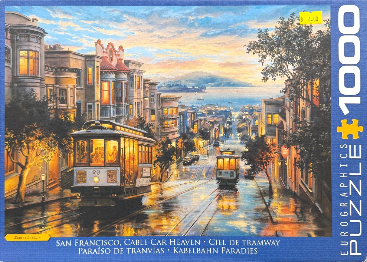 Painting of a San Francisco street scene with two cable cars at twilight, reflecting on wet pavement.