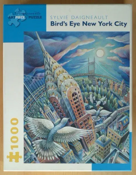 Artistic illustration of the Chrysler Building in New York with doves flying past at twilight.