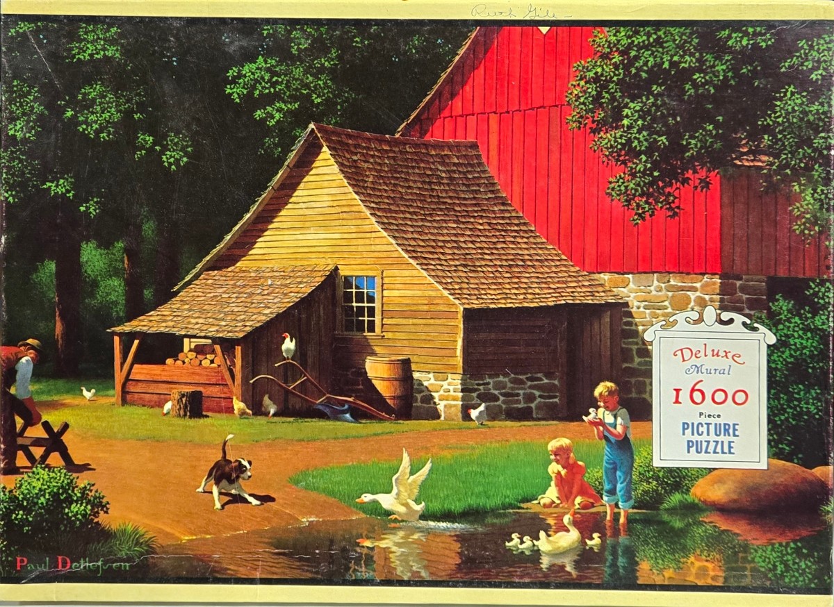 Vintage illustration of a pastoral farm scene with children, a barn, and a pond.
