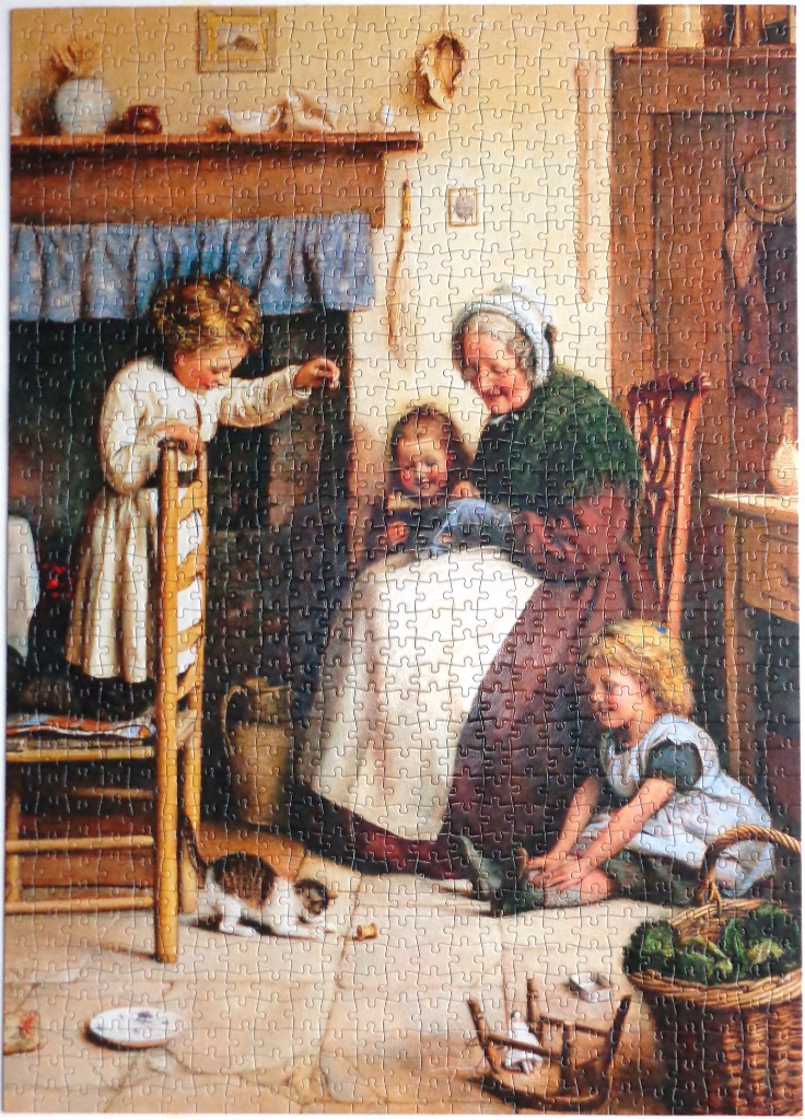 An illustration of an elderly woman in a bonnet sitting with three children in a rustic, historical cottage interior.