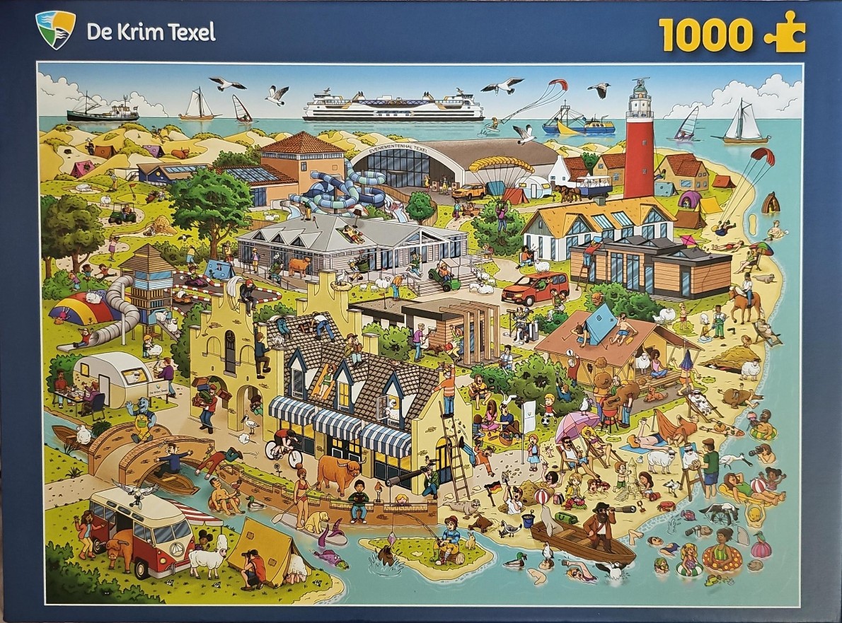 Cartoon illustration of a busy holiday resort on Texel with various activities and buildings.