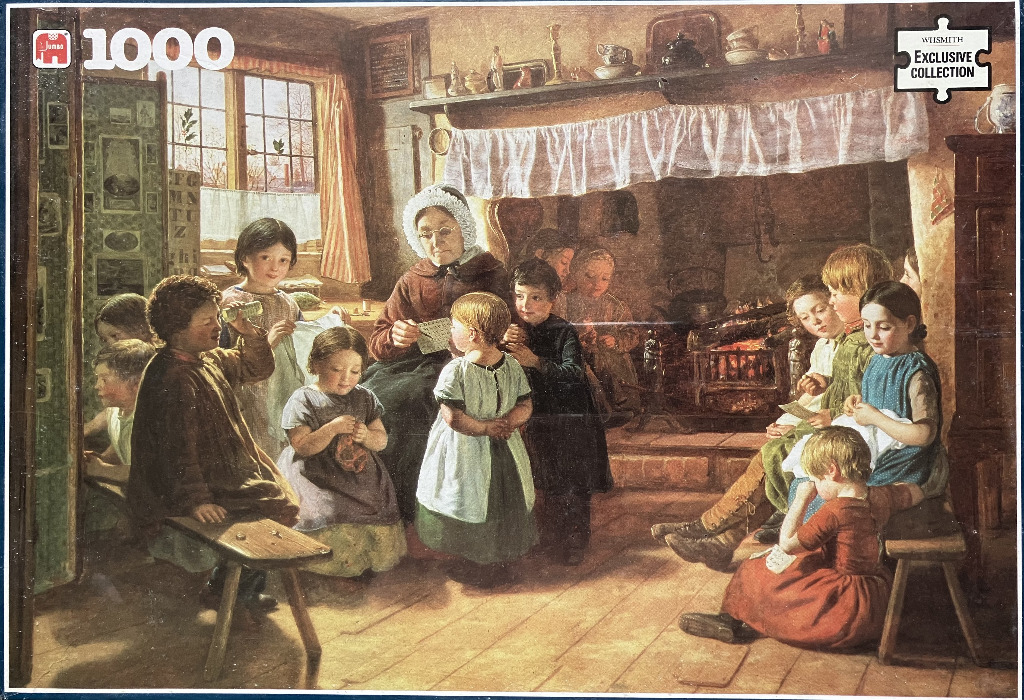 A Victorian-era illustration of an elderly woman teaching a group of children in a cozy, rustic cottage kitchen.