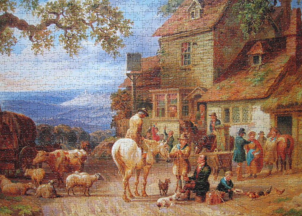 A detailed landscape painting of 19th-century English countryside scene featuring a rustic inn, villagers, and livestock.