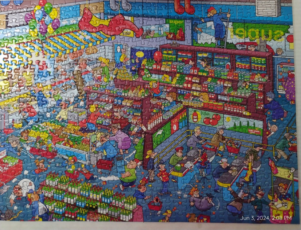 A busy, chaotic cartoon grocery store scene filled with many customers and overflowing shelves.