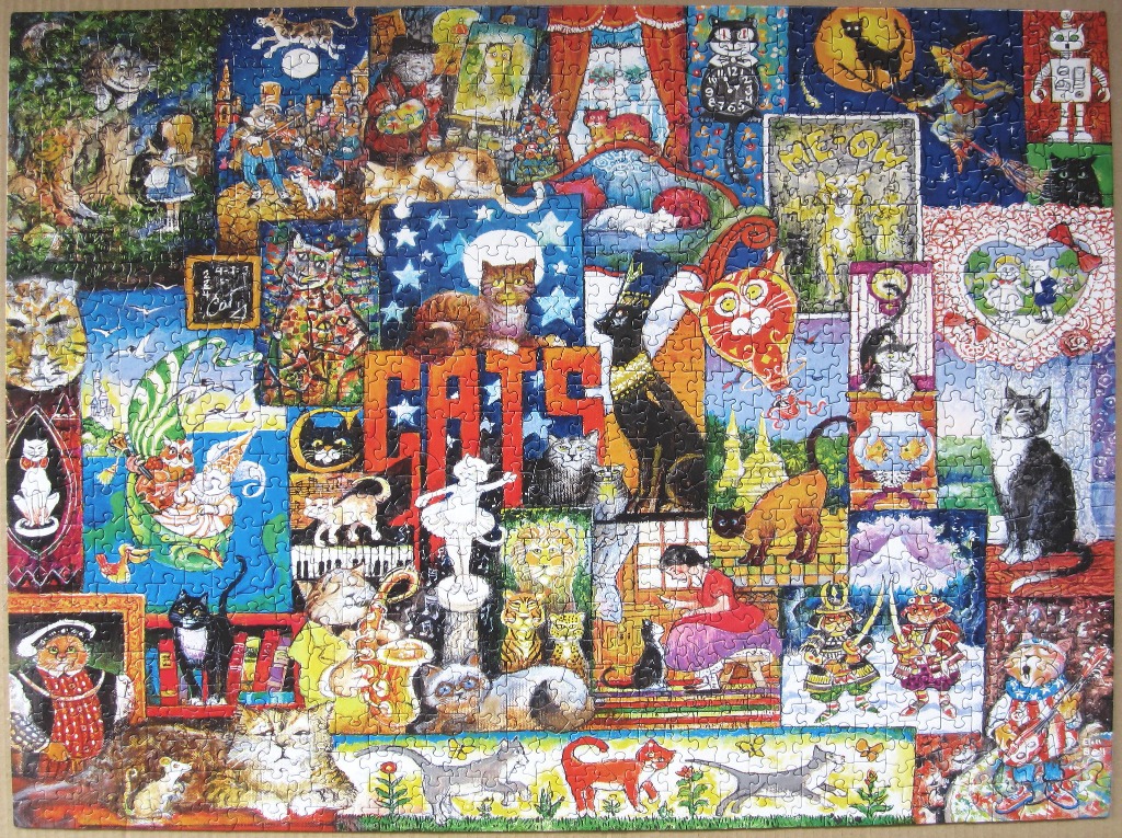 A whimsical collage of numerous cats in various artistic styles and costumes.
