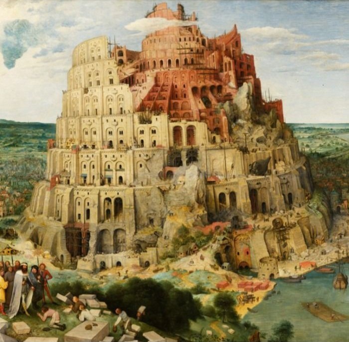 A detailed painting of the Tower of Babel, showing a massive, multi-tiered spiraling structure under construction.