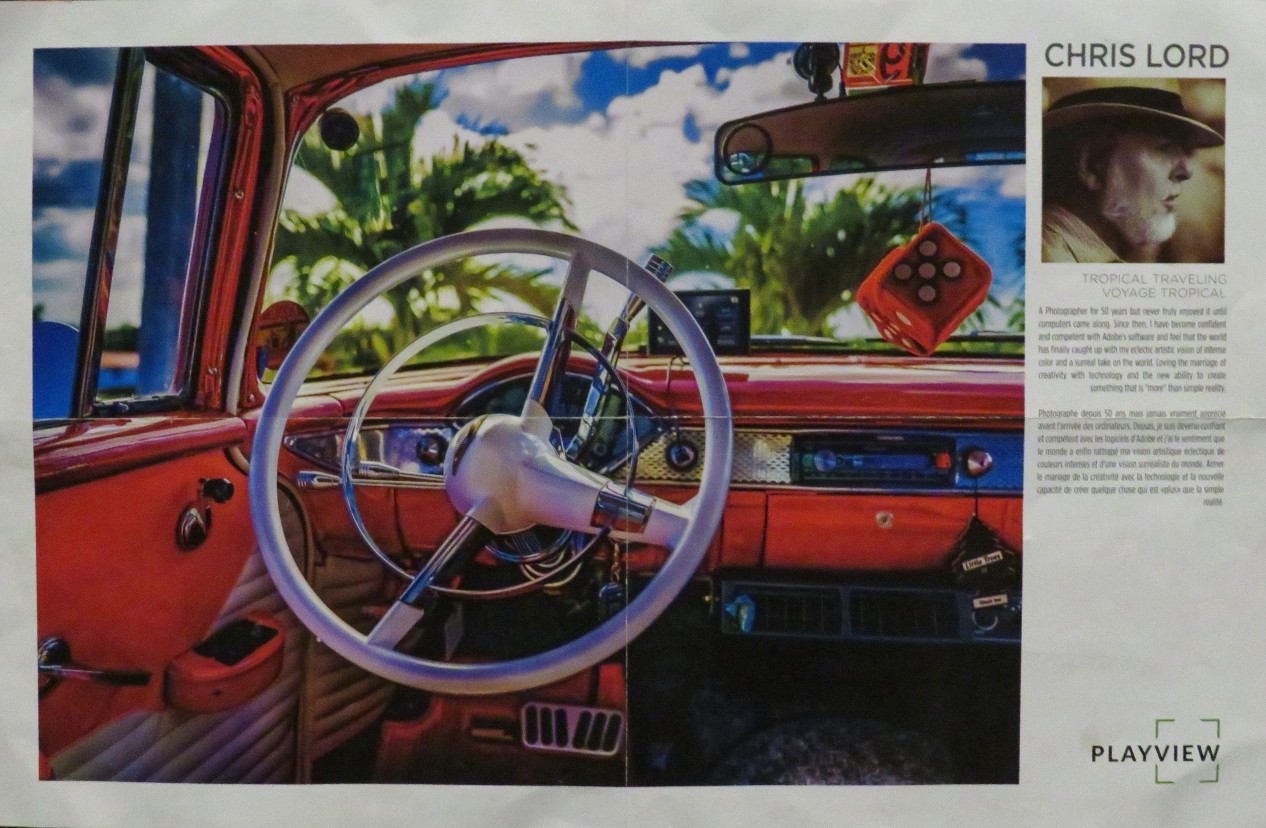 Interior view of a vintage red car looking out onto a tropical landscape through the windshield.
