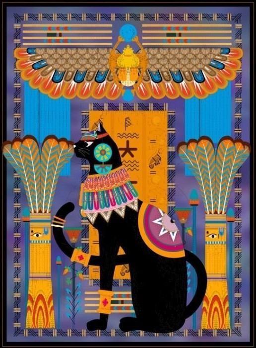 A stylized black cat adorned with Egyptian jewelry sits between two papyrus columns beneath a winged scarab.