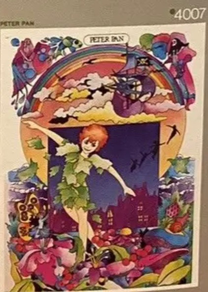 Illustration of Peter Pan leaping over a stylized landscape with a rainbow, pirate ship, and London skyline.