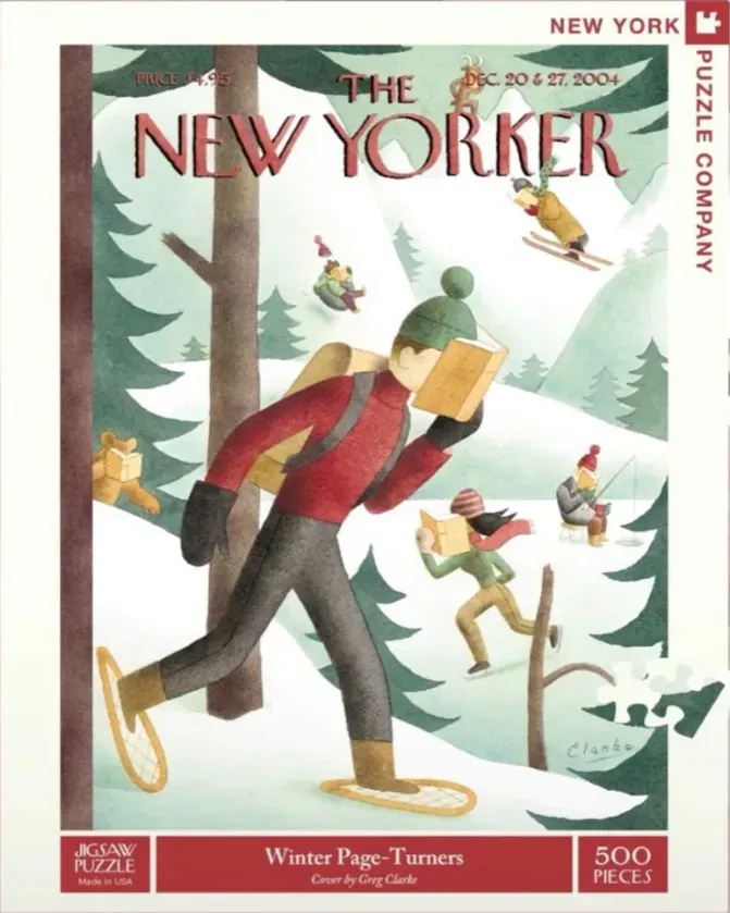 An illustration of people and animals in a snowy forest, all reading books while engaged in winter activities.