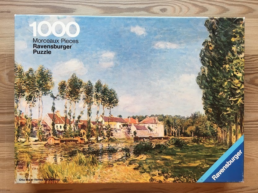 Impressionist oil painting of a French village beside a river lined with tall poplar trees.