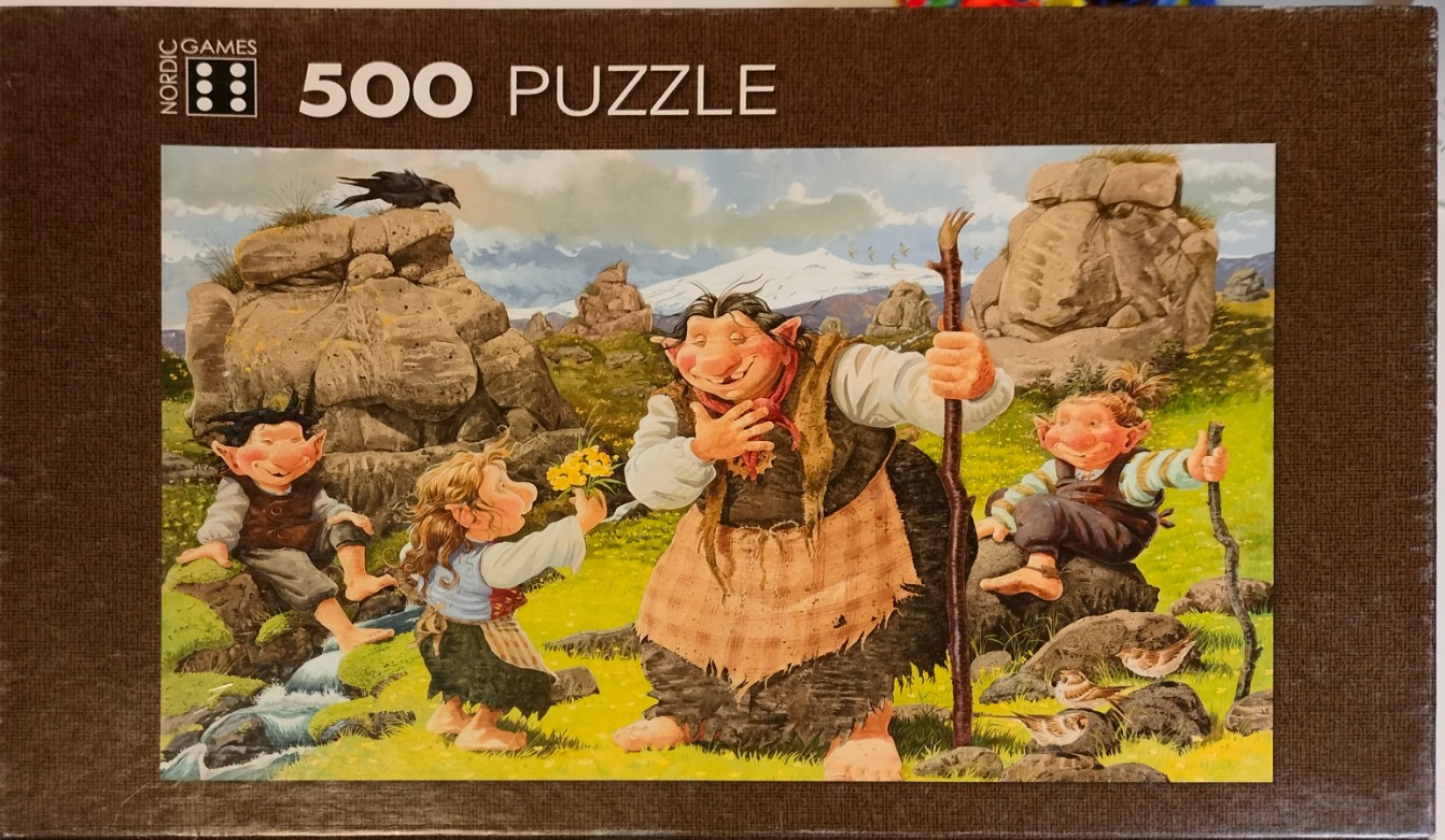 A whimsical illustration of four trolls in a rocky mountain meadow, one holding yellow flowers for an elder troll.