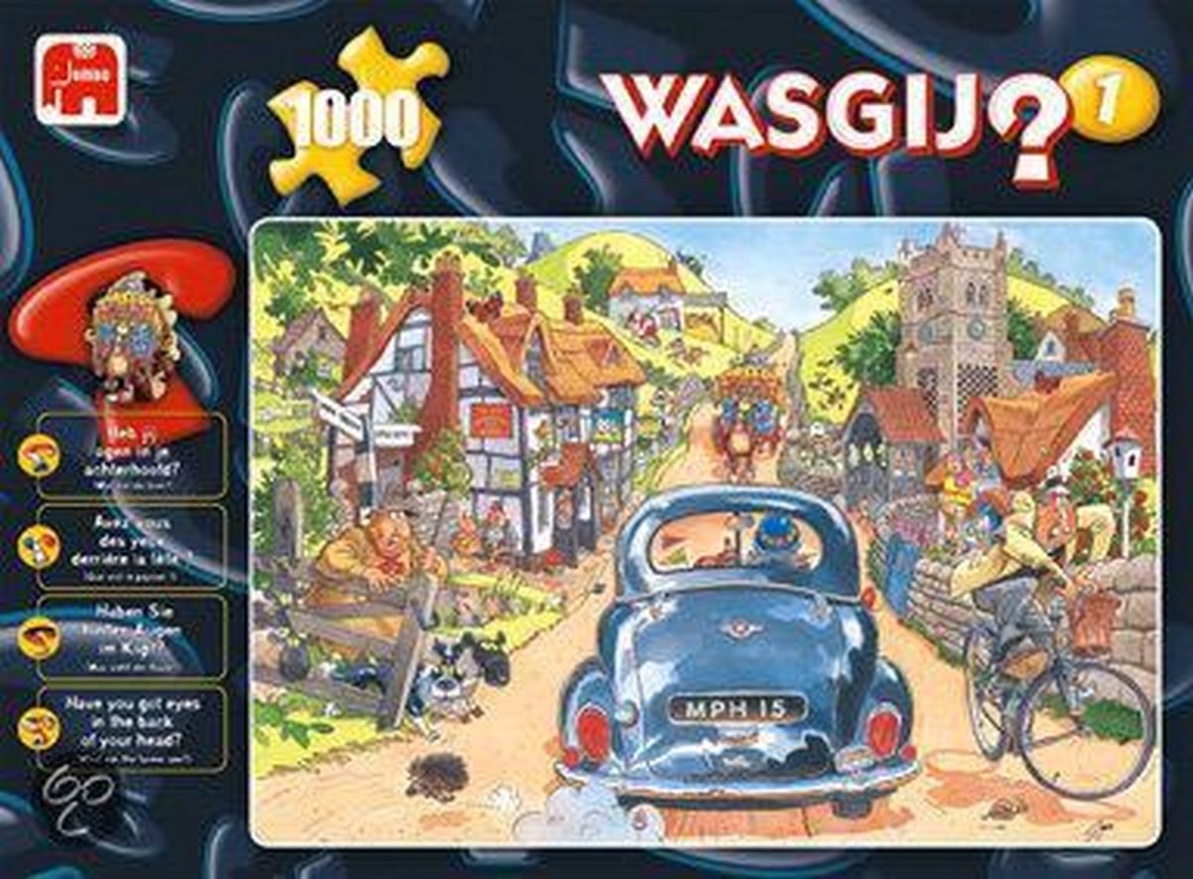 Cartoon illustration of a village street scene with a blue vintage car driving away.