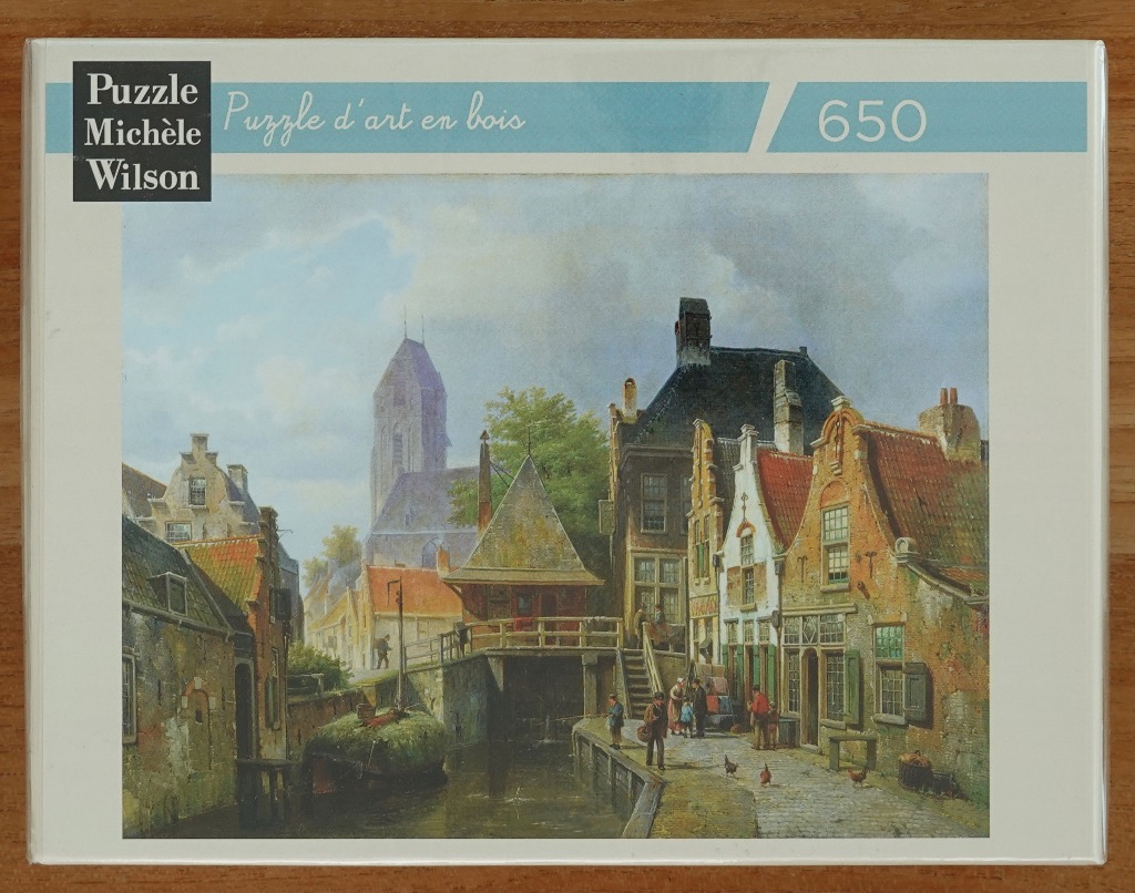 Oil painting of a historic Dutch canal town scene with brick buildings and a church steeple in the background.
