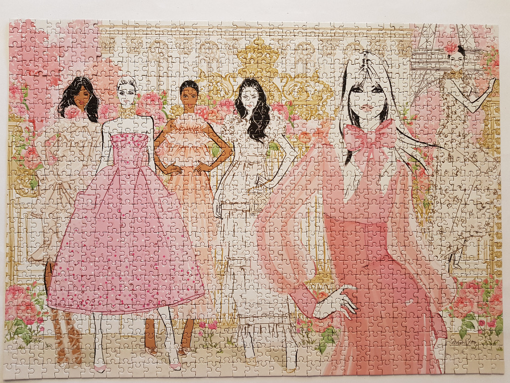 An illustration of five stylish women in pink and white dresses standing in front of an ornate Parisian backdrop.