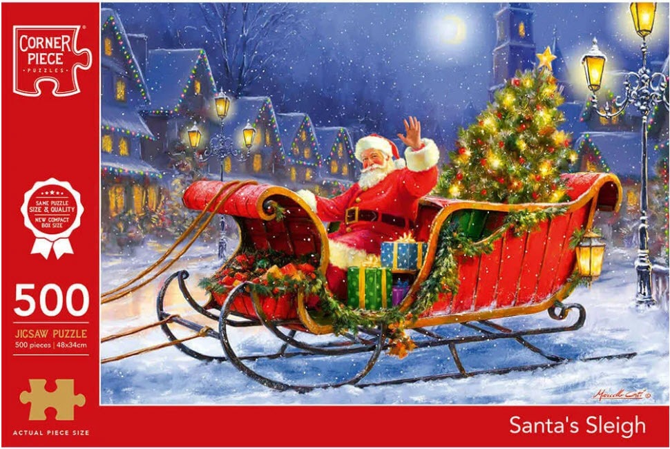 Santa Claus waving from a red sleigh filled with Christmas gifts in a snowy village scene.