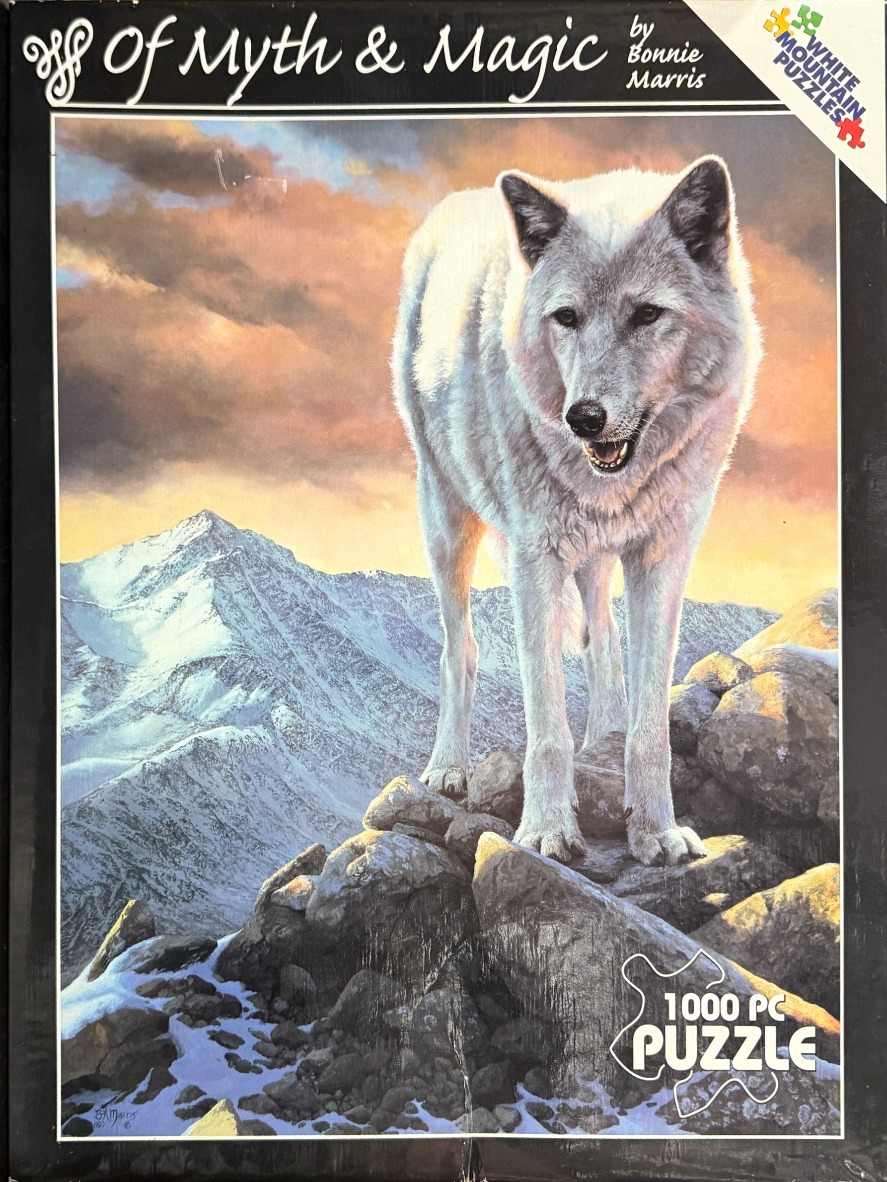 A majestic white wolf standing on a rocky mountain peak at sunset with snowy mountains in the background.