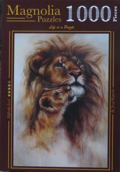 A painterly portrait of a lion and a lion cub nuzzling each other against a soft, hazy background.