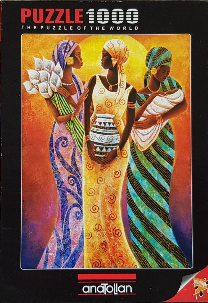 Painting of three women in traditional attire, one holding lilies, one a vase, and one a baby, against a sunburst background.