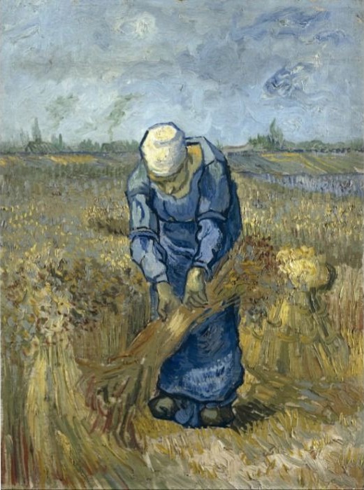 A peasant woman in a blue dress bends over to harvest wheat in a golden field under a grey sky.