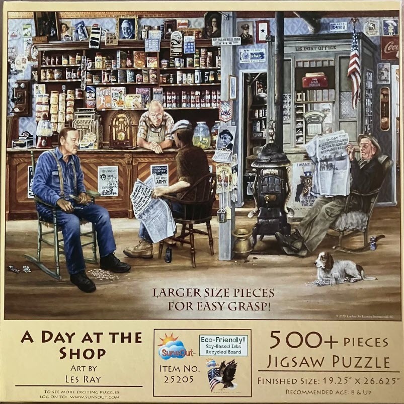 A nostalgic 1940s-style general store scene with men reading newspapers and a dog on the floor.