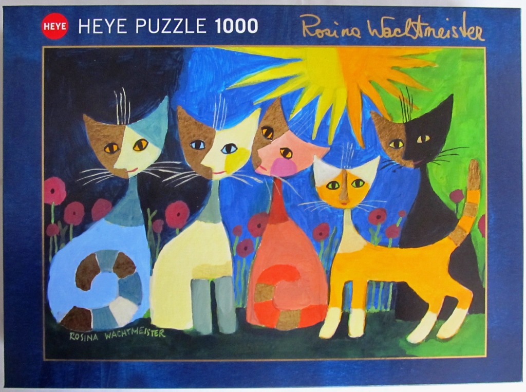 A vibrant painting of four stylized cats standing in a field with a large sun above.