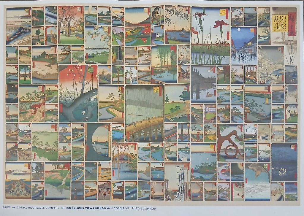 A collage of multiple traditional Japanese woodblock prints depicting various landscapes and scenes from Edo.
