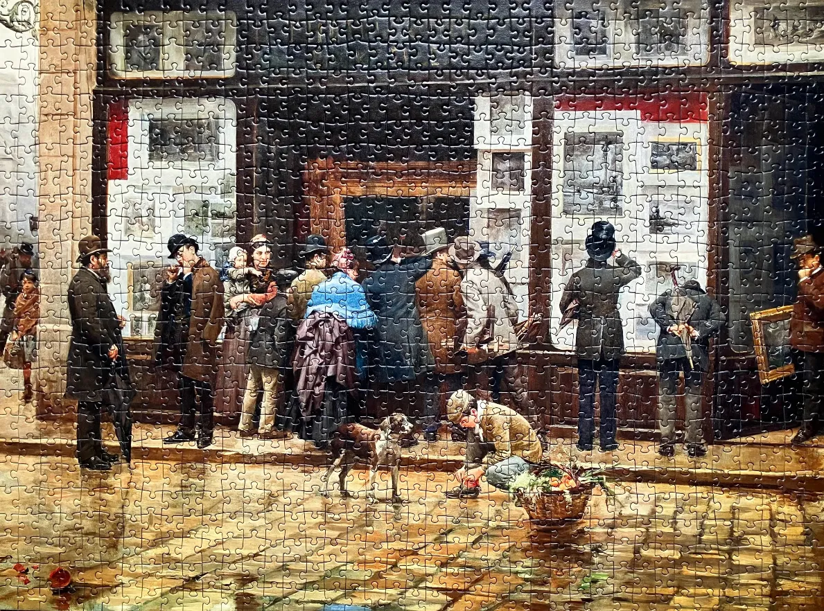 A group of people in 19th-century attire standing before a shop window filled with paintings.