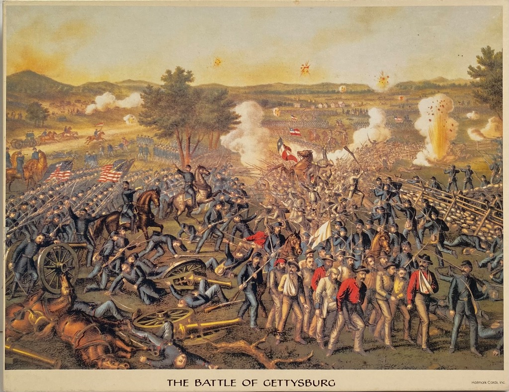 Historical painting of the American Civil War, showing the chaos and combat of The Battle of Gettysburg.