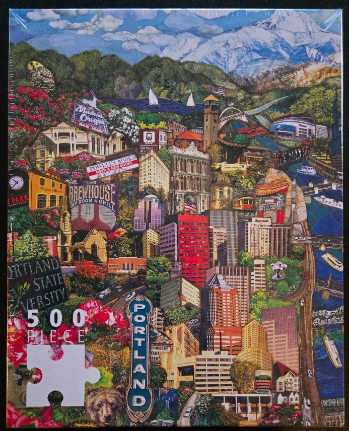 A vibrant collage illustration of Portland, Oregon landmarks, buildings, and nature scenes.
