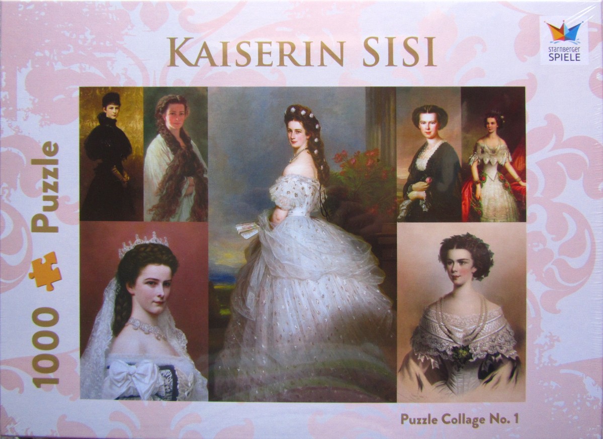 A collage of six historical portrait paintings of Empress Elisabeth of Austria, known as Sisi.
