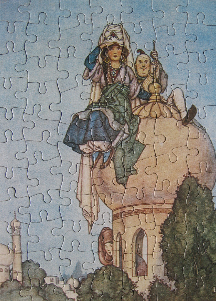 A vintage-style illustration of a woman in elaborate Eastern-inspired clothing sitting on the dome of a building.
