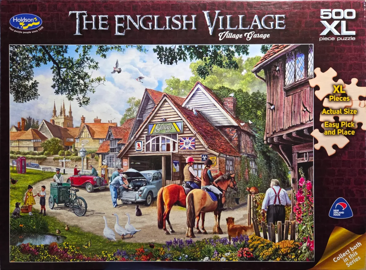 An idyllic English village scene with a rustic garage, horses, vintage cars, and village life.