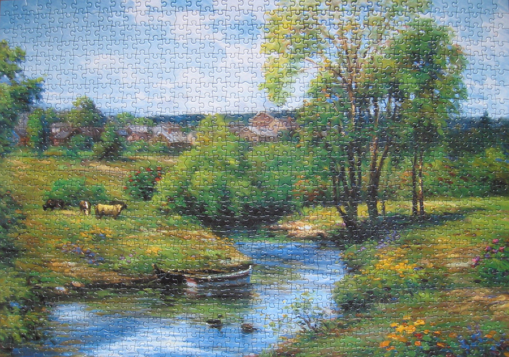 A peaceful impressionist painting of a countryside stream with cows grazing in a meadow.