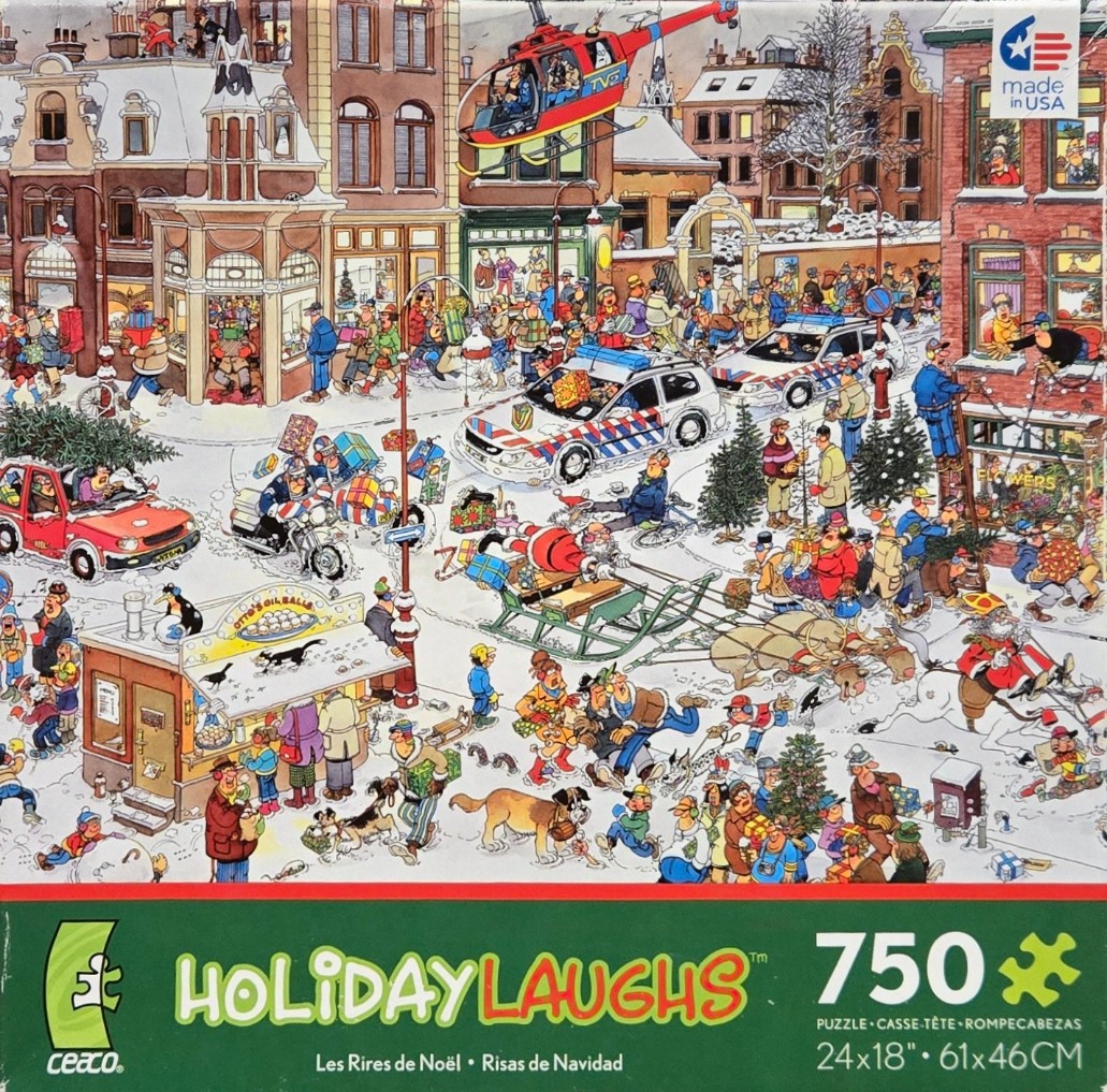 Cartoon scene of a chaotic, snow-covered city street during the holidays with people and vehicles.