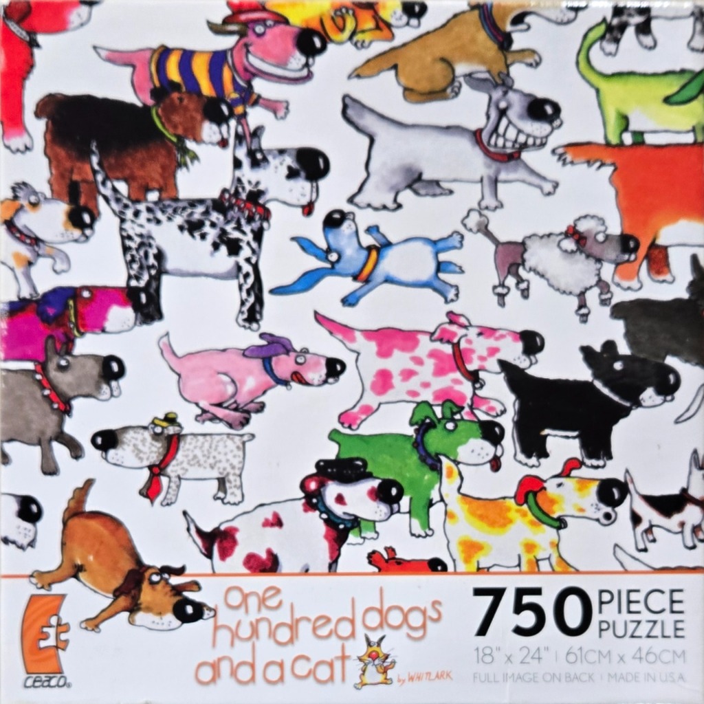 A whimsical illustration of many colorful, cartoon-style dogs of various breeds and sizes scattered across a white background