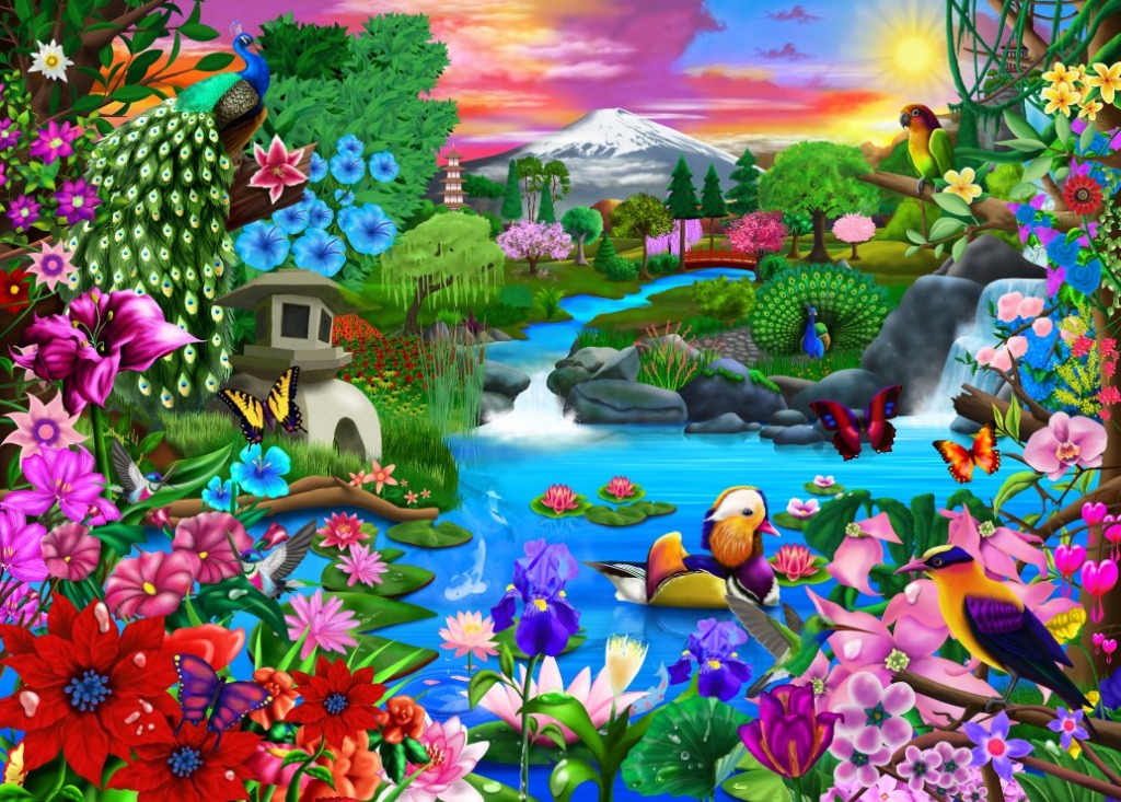 Vibrant garden scene with a mountain, waterfall, pond, and diverse colorful birds and flowers.