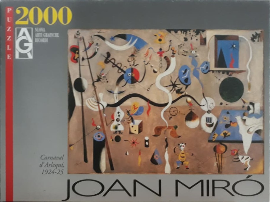 A surrealist painting by Joan Miro titled Carnaval d'Arlequin featuring whimsical, abstract shapes and figures.