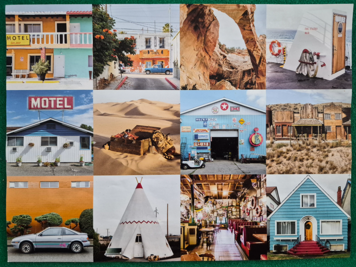 A grid of twelve diverse travel scenes featuring architectural buildings, desert landscapes, and classic American roadside mo