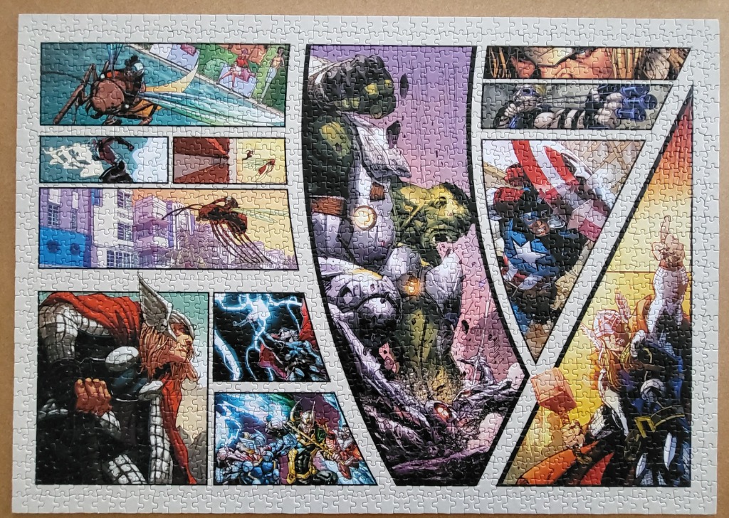 Comic book style collage featuring various superheroes in action scenes.
