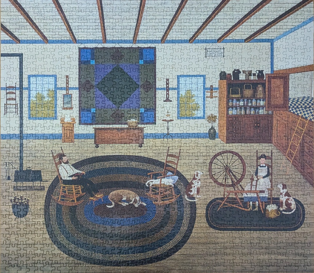 A cozy folk art interior scene with a couple spinning wool, sitting on a large braided rug with their dogs.