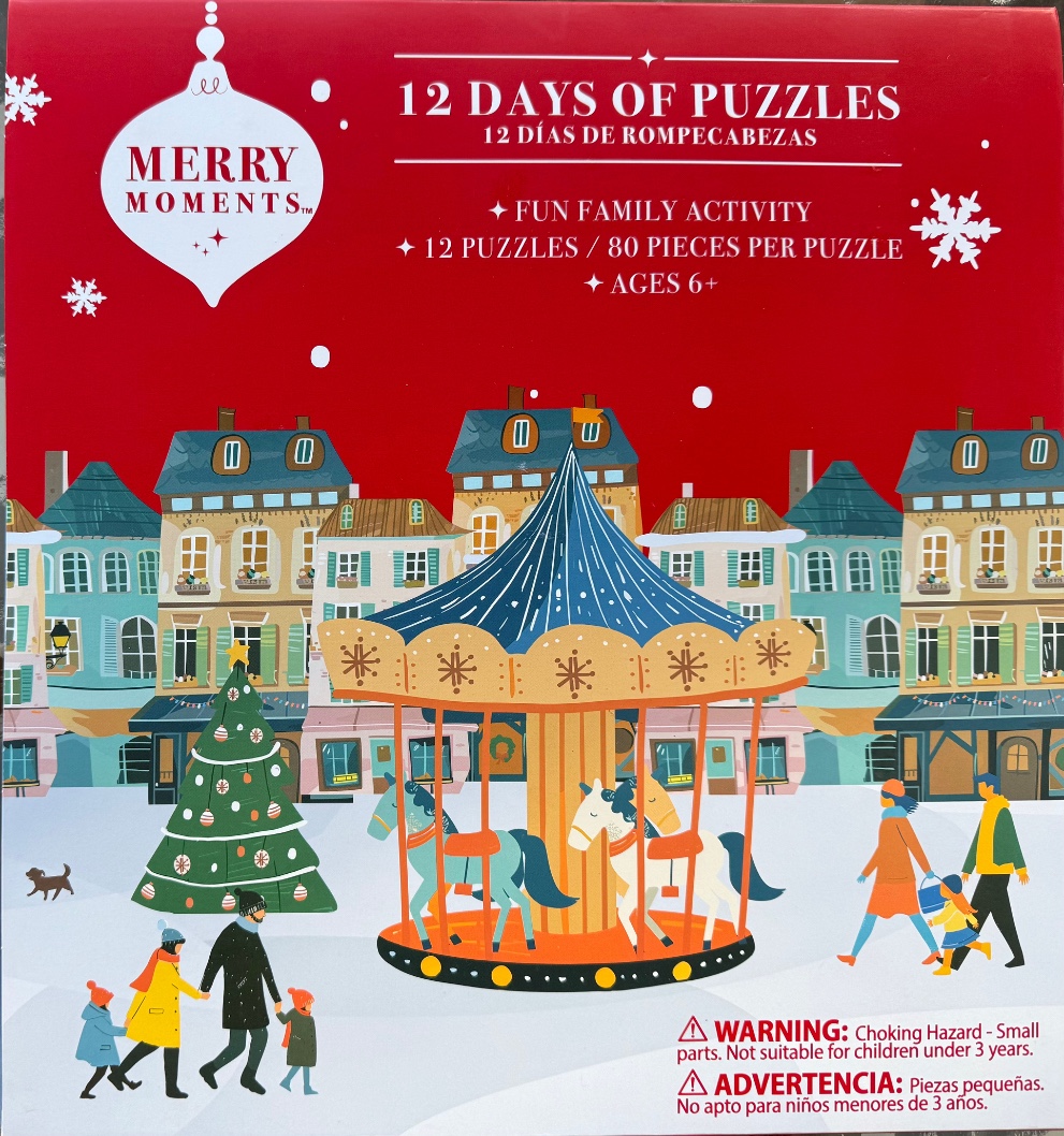 Illustration of a winter carnival scene with a carousel, a Christmas tree, and families walking on snow.