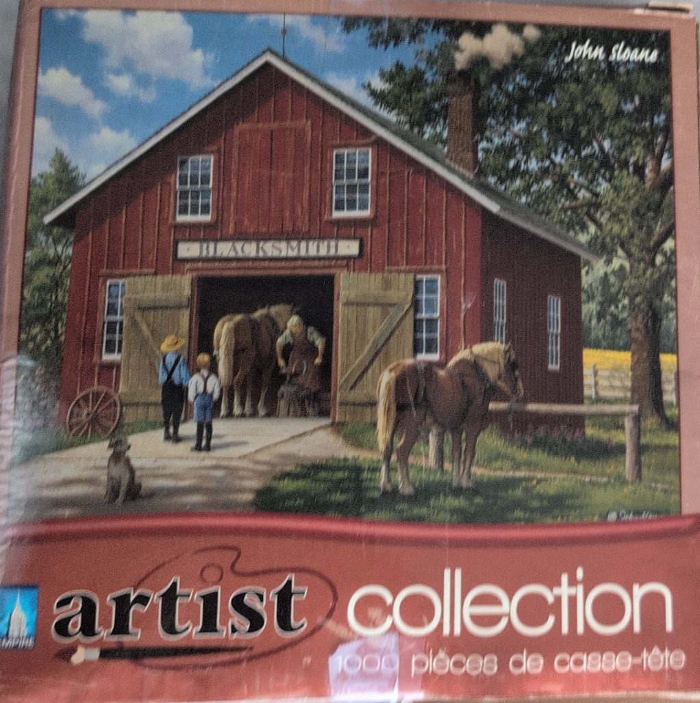 An illustration of a rural blacksmith workshop with a red barn, horses, and people on a sunny day.