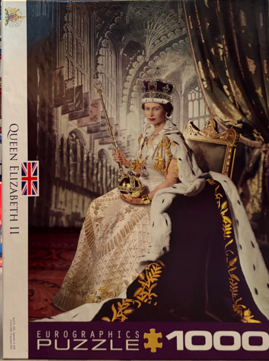 A formal portrait of Queen Elizabeth II in her coronation regalia, seated in Westminster Abbey.