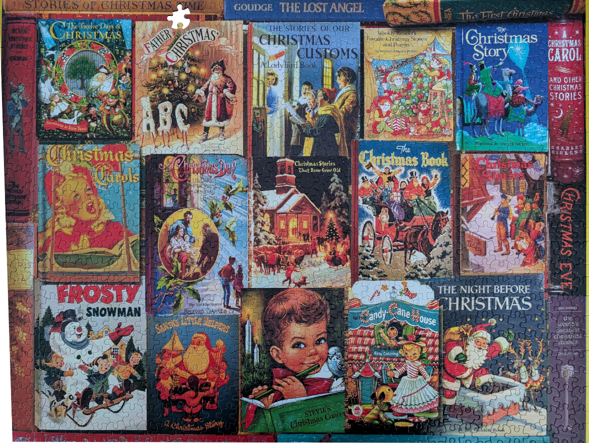 A collage of various classic Christmas book covers featuring festive illustrations and vintage typography.