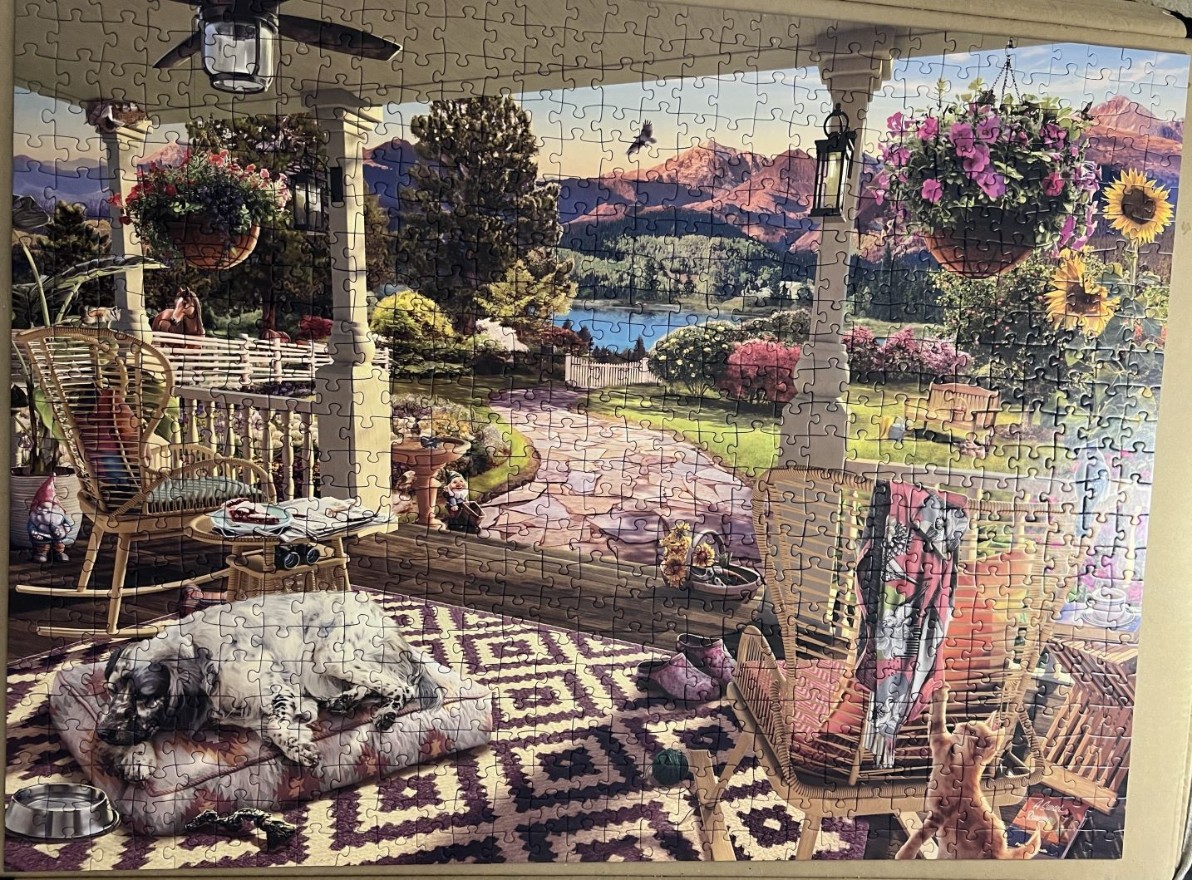 A peaceful porch scene overlooking a lake and mountains, with a dog resting on a rug and a cat reaching up.