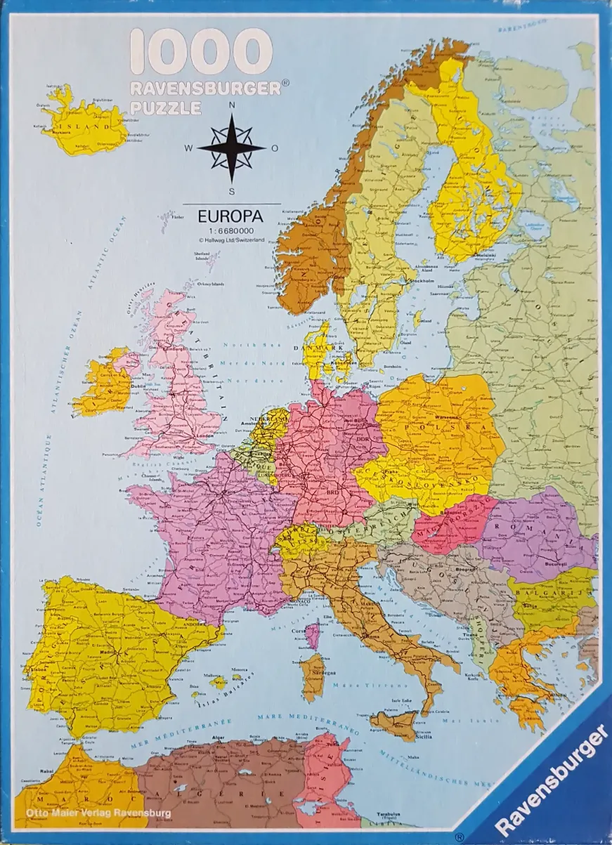 A vintage political map of Europe showing countries in different pastel colors.